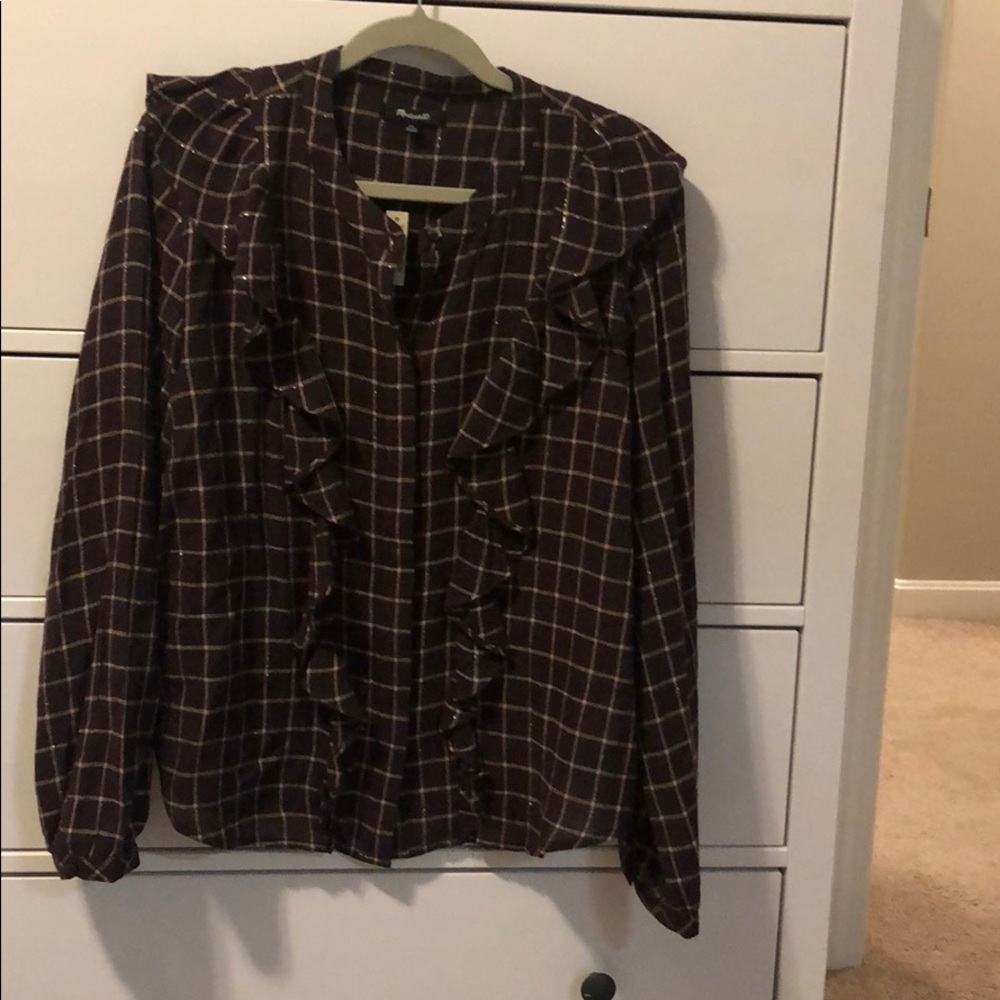 Madewell burgundy & gold threaded ruffle top